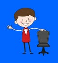 Cartoon Waiter Caterer - Standing with Chair and Gesturing with Hand