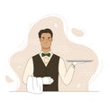 Cartoon man waiter hold empty serving tray