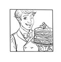 Cartoon waiter holding a plate with pancakes line art