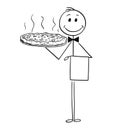 Cartoon of Waiter Holding Silver Plate or Tray with Pizza