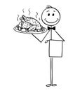 Cartoon of Waiter Holding Silver Plate or Tray with Roast Chicken or Turkey