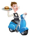 Cartoon Waiter on Scooter Moped Holding Burger