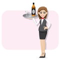 Cartoon waitress serving alcohol with tray