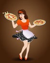 Cartoon waitress with two pizzas