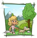 Cartoon walking blonde girl character with dog Royalty Free Stock Photo