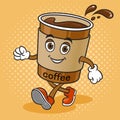 Cartoon walking coffee cup comic pop art vector