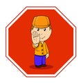 Cartoon warning sign stop with man in orange Royalty Free Stock Photo