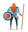 Cartoon warrior viking cute character with lance and shield. Funny cartoon.