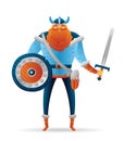 Cartoon warrior viking cute character with sword and shield.
