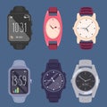 Cartoon watches. Luxury hand fashioned accessories for men and women smart watches for businessmen exact vector