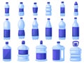 Cartoon water bottles set. Different plastic and glass liquid containers. Isolated professional packing icons set Royalty Free Stock Photo