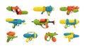 Cartoon water gun. Kids toy weapons, comic plastic childish handgun equipment wet shoot for summer game, happy childhood