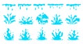 Cartoon water splashes. Blue flowing liquid, aqua stream with drops. Sea splashing motion isolated vector set Royalty Free Stock Photo