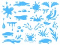 Cartoon water splashes, falling rain drops, waves and spill. Fresh aqua stream, puddles and splats. Nature blue liquid Royalty Free Stock Photo