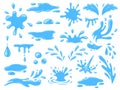 Cartoon water splashes, falling rain drops, waves and spill. Fresh aqua stream, puddles and splats. Nature blue liquid form icons Royalty Free Stock Photo