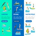 Cartoon Water Sport and Characters People Banner Vecrtical Set. Vector Royalty Free Stock Photo