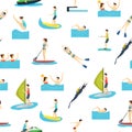 Cartoon Water Sport and Characters People Seamless Pattern Background. Vector Royalty Free Stock Photo