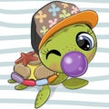 Cartoon water turtle with bubblegum on the stripes background