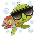 Cartoon water turtle in sunglasses on the white background