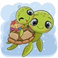 Cartoon water turtles father and son on a blue background Royalty Free Stock Photo