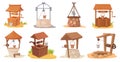 Cartoon water wells. Wood and stone old rural well in village garden, ancient medieval wishing draw-well rustic antique Royalty Free Stock Photo