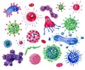 Cartoon watercolor funny viruses and bacteria with different characters set.