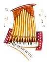 Cartoon watercolor illustration of stylized organ pipe with notes