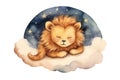 cartoon watercolor lion sleep on cloud on white background