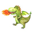 Cartoon watercolour dragon, fire breathing dragon. Green dinosaur. Funny and friendly baby tyrannosaurus Royalty Free Stock Photo