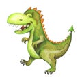 Cartoon watercolour green dinosaur. Funny tyrannosaurus smile