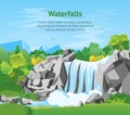 Cartoon Waterfall Landscape Background Card Poster. Vector