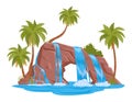 Cartoon waterfall view. Tropical streaming water cascade, rocks and palms with waterfalls flat vector illustration Royalty Free Stock Photo