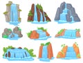 Cartoon waterfalls. Natural scenic waterfall with water streams falls from cliff or mountain river cascade for travel Royalty Free Stock Photo