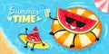 Cartoon watermelon character summer. Happy juicy fruit on beach, funny berries pieces resting in swimming pool, vegetarian diet Royalty Free Stock Photo