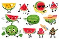 Cartoon watermelon characters. Funny juicy fruit with cute faces, hands and feet, smiling summer berries, happy emotions Royalty Free Stock Photo