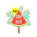 Cartoon watermelon ice cream with hello Summer text. Vector illustration Royalty Free Stock Photo