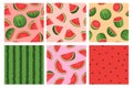 Cartoon watermelon seamless pattern, red texture with seeds. Tropic summer fruit slices and pieces. Watermelon green Royalty Free Stock Photo