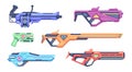 Cartoon weapons. Futuristic comic pistols and guns space blasters toys for kids exact vector colored templates