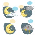 Cartoon weather characters set. Friendly crescent moon, rain cloud with raindrops and thunderstorm cloud with lightning. Speech b