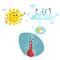 Cartoon weather characters set. Friendly sun, cloud and smiling thermometer mascot. Speech bubble with sun and clouds. Vector illu Royalty Free Stock Photo