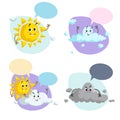 Cartoon weather characters set. Friendly sun, cloud and thunderstorm cloud. Speech bubbles. Vector climate icons