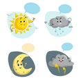 Cartoon weather characters set. Friendly sun, rain cloud with raindrops, crescent moon and thunderstorm cloud with lightning. Spee Royalty Free Stock Photo