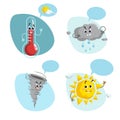 Cartoon weather characters set. Friendly sun, raindrop cloud, smiling thermometer mascot and funny tornado. Speech bubble with sun