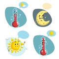 Cartoon weather characters set. Friendly sun, smiling thermometer mascot comfort climate, crescent moon and warm temperature symbo