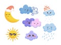 Cartoon Weather Characters Set, Isolated Icons of Sun, Cloud, Raindrop, Snowflake, And Sleeping Moon or Wind Royalty Free Stock Photo