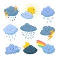 Cartoon weather clouds. Rain, snow elements. Heavenly cloudy shapes, storm and lightning, sun and moon. Meteorological Royalty Free Stock Photo