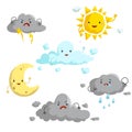 Cartoon weather mascots set. Comic anime style characters. Sun, clouds, rain, crescent, thunderstorm. Vector illustrations