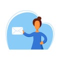 Cartoon web assistant. Woman holding a letter. Get a message.