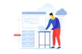 Cartoon web engineer at work. Web developer is working on laptop. Royalty Free Stock Photo