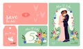 Cartoon wedding cards. Holiday invitational banners. Happy couple in love. Beautiful flowers. Romantic newlyweds hugs